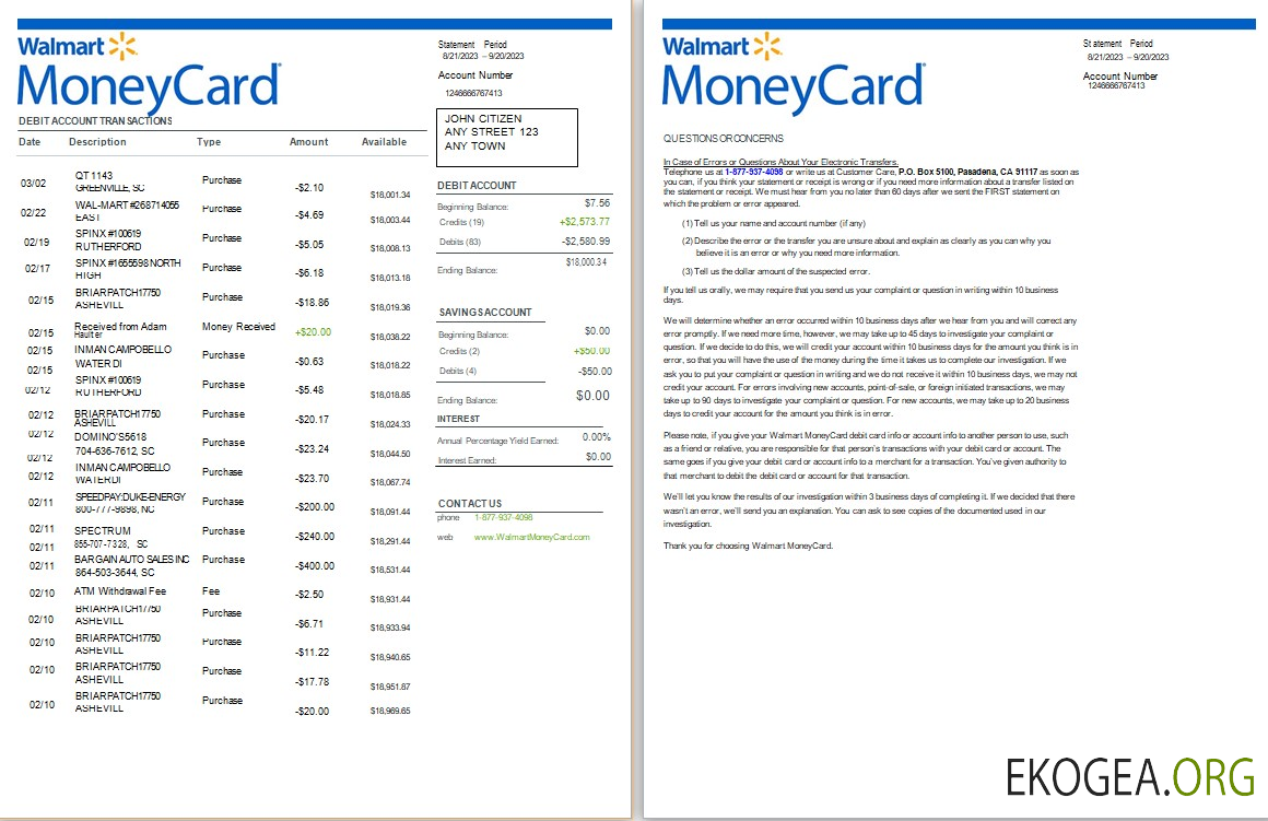 Relevé bancaire Walmart MoneyCard USA Word et PDF, 2 pages